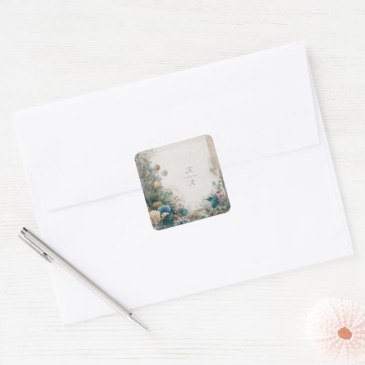 Rustiek groen folk art bruiloft vierkante sticker (Envelop)