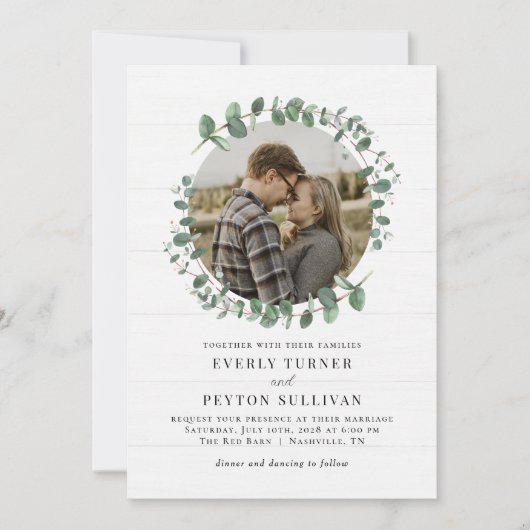 Rustiek groen foto bruiloft uitnodiging (Voorkant)