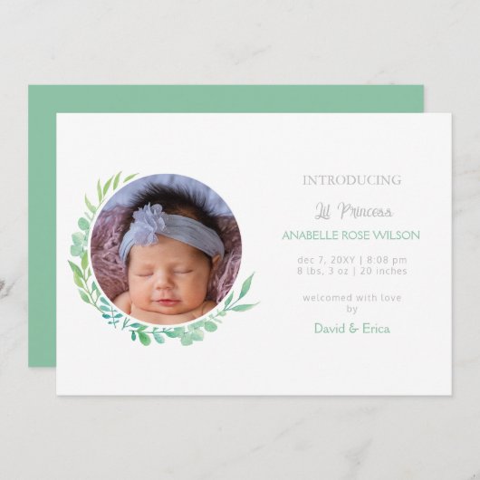 Rustiek groen foto geboorte aankondiging (Voorkant / Achterkant)