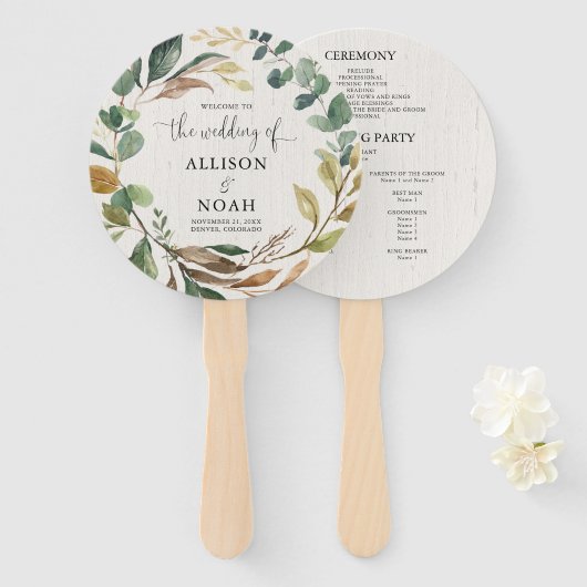 Rustiek groen gebladerte botanisch trouwprogramma handwaaier (Voorkant en achterkant)