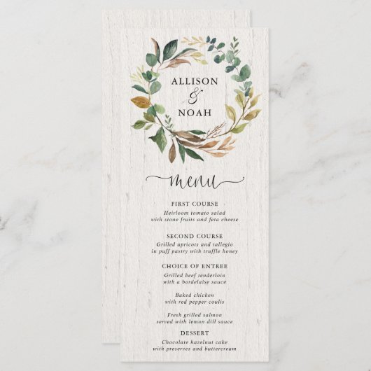 Rustiek groen gebladerte botanische bruiloft menu (Voorkant / Achterkant)
