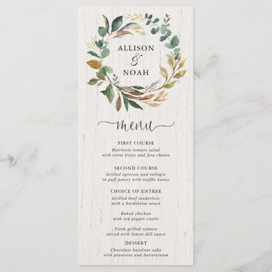Rustiek groen gebladerte botanische bruiloft menu (Voorkant)