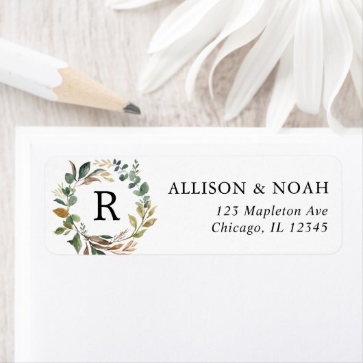 Rustiek groen gebladerte botanische krans bruiloft etiket (Insitu)