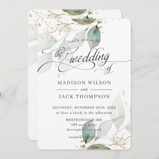 Rustiek groen gebladerte gouden kalligrafie bruilo kaart (Voorkant / Achterkant)