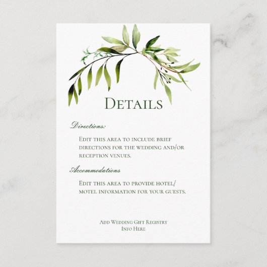 Rustiek groen gekocht bruiloft details informatiekaartje (Voorkant)