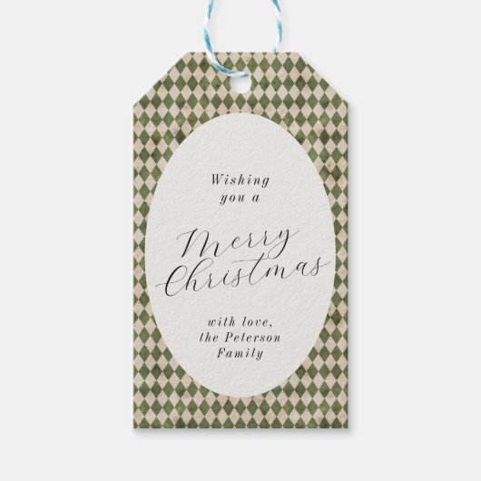 Rustiek groen geplakt kerstvakantie cadeaulabel (Voorkant)