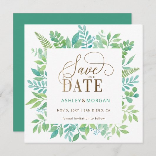 Rustiek groen Goud Bloemen Save the Date Aankondiging (Voorkant / Achterkant)