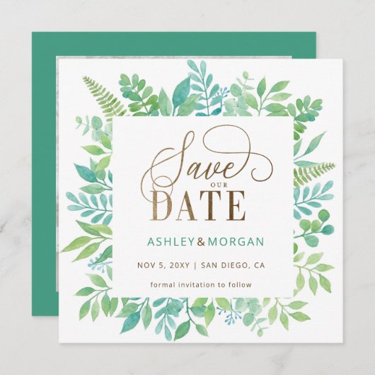 Rustiek groen goud bloemenfoto Save the Date Aankondiging (Voorkant / Achterkant)