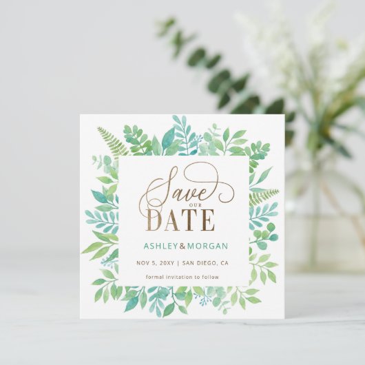 Rustiek groen goud bloemenfoto Save the Date Aankondiging (Staand voorkant)