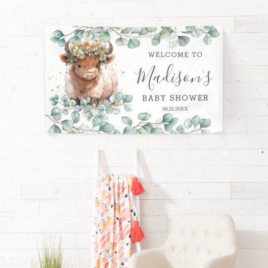 Rustiek groen Highland Koe Baby shower Welkom Spandoek (Insitu)