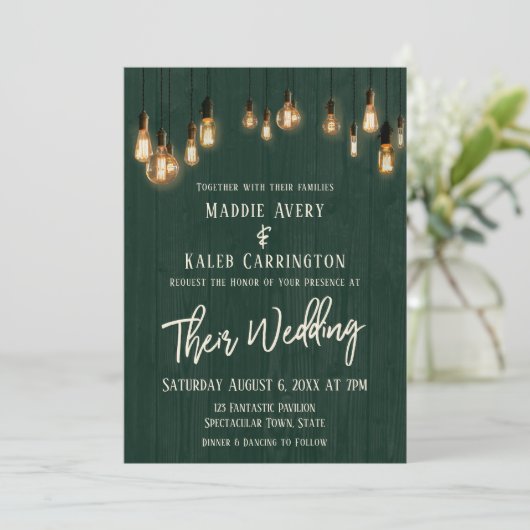 Rustiek Groen Hout Edison Lights Typografie Bruilo Kaart (Staand voorkant)