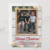 Rustiek groen hout en verlichting kerst foto feestdagenkaart (Voorkant)