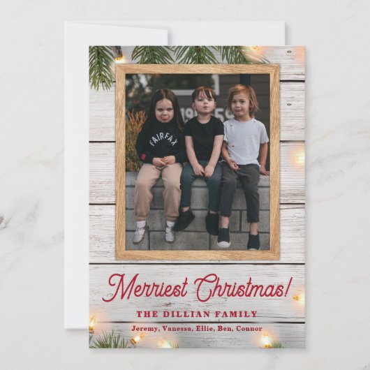 Rustiek groen hout en verlichting kerst foto feestdagenkaart (Voorkant)