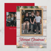 Rustiek groen hout en verlichting kerst foto feestdagenkaart (Voorkant / Achterkant)