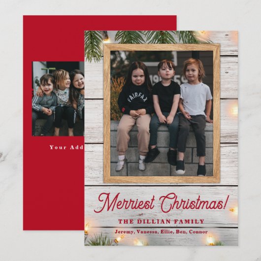 Rustiek groen hout en verlichting kerst foto feestdagenkaart (Voorkant / Achterkant)