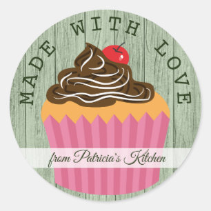 Rustiek groen hout gemaakt met liefde cupcake ronde sticker