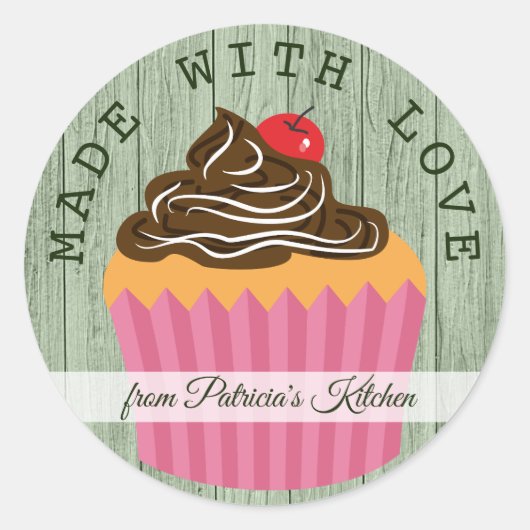 Rustiek groen hout gemaakt met liefde cupcake ronde sticker (Voorkant)