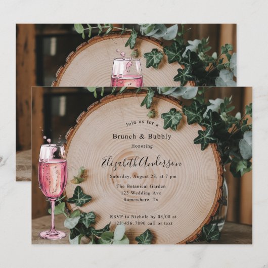 Rustiek groen & hout Slice Brunch & Bubbly Kaart (Voorkant / Achterkant)