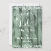 Rustiek Groen Hout Wit Scrollwork Save the Date (Voorkant)
