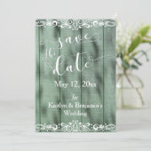Rustiek Groen Hout Wit Scrollwork Save the Date (Staand voorkant)
