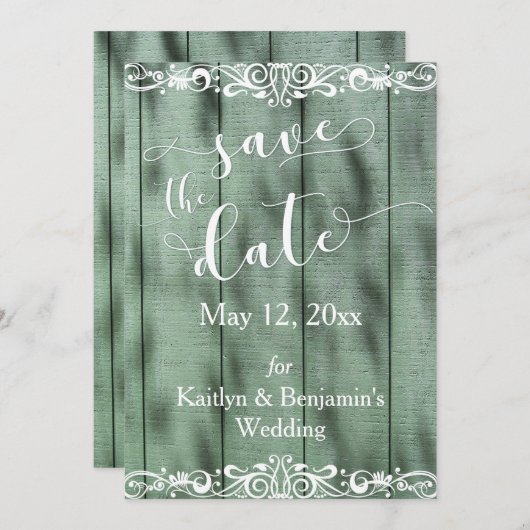 Rustiek Groen Hout Wit Scrollwork Save the Date (Voorkant / Achterkant)