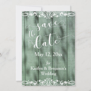 Rustiek Groen Hout Wit Scrollwork Save the Date