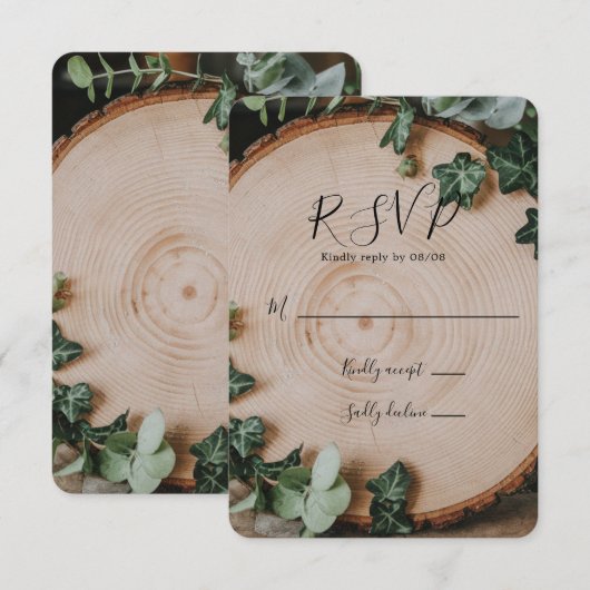 Rustiek groen & houten plak bruiloft RSVP kaartje (Voorkant / Achterkant)