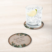 Rustiek groen & houtplak Save the Date Ronde Kartonnen Onderzetter (Insitu)
