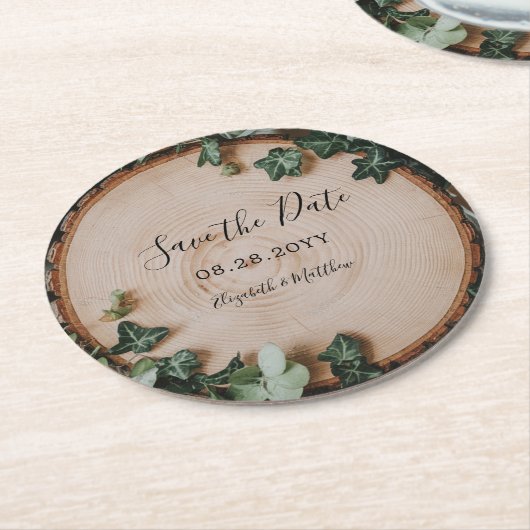 Rustiek groen & houtplak Save the Date Ronde Kartonnen Onderzetter (Gebogen)