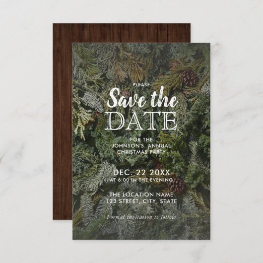 Rustiek groen kerstfeest Save the Date (Voorkant / Achterkant)