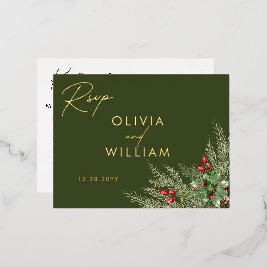 Rustiek groen kerstvakantie bruiloft RSVP Folie Uitnodiging Briefkaart (Voorkant / Achterkant)