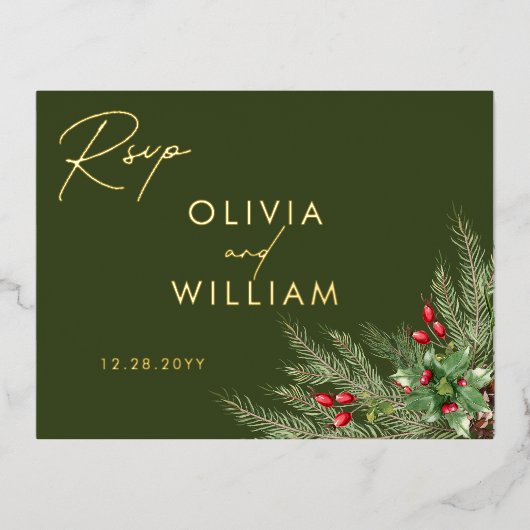Rustiek groen kerstvakantie bruiloft RSVP Folie Uitnodiging Briefkaart (Voorkant)