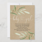 Rustiek groen kraft groen blad meisje baby shower kaart (Voorkant)
