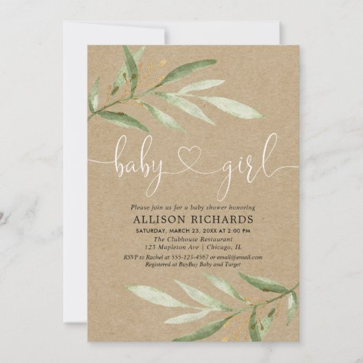 Rustiek groen kraft groen blad meisje baby shower kaart (Voorkant)