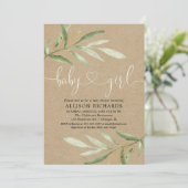 Rustiek groen kraft groen blad meisje baby shower kaart (Staand voorkant)