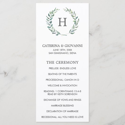 Rustiek groen krans monogram elegante bruiloft programmakaart (Voorkant)