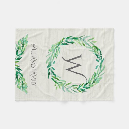 Rustiek groen krans Waterverf Monogram Initiaal Fleece Deken (Voorkant (Horizontaal))