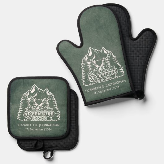 Rustiek groen krijtbord wit avontuur begint ovenwant & pannenlap set (Voorkant / Achterkant)