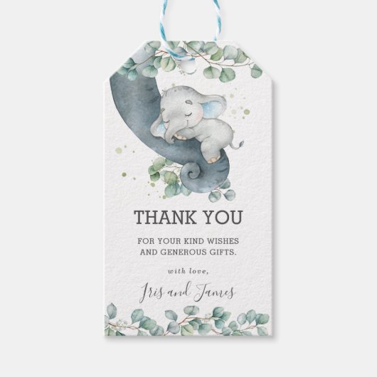 Rustiek groen Olifant Boy Baby shower Dank u Cadeaulabel (Voorkant)