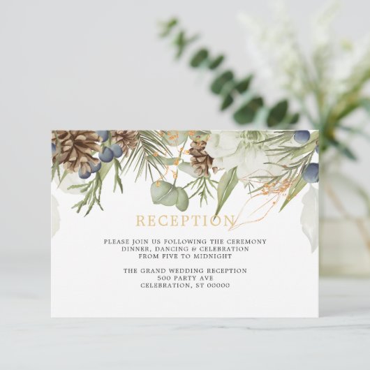 Rustiek groen Pinecones | Huwelijksreceptie Kaart (Staand voorkant)