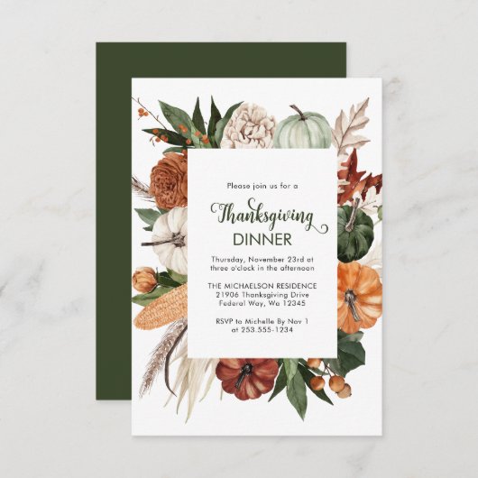 Rustiek Groen Pompoen Thanksgiving Diner Notitiekaartje (Voorkant / Achterkant)