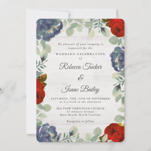 Rustiek groen Rood & Blauw Bloemen bruiloft Kaart (Voorkant)