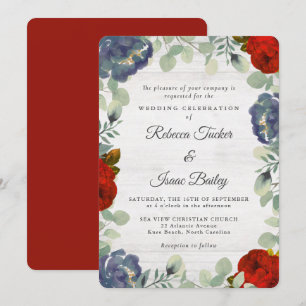 Rustiek groen Rood & Blauw Bloemen bruiloft Kaart