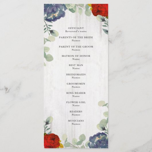 Rustiek groen Rood Blauw Bloemen Trouwprogramma Programmakaart (Achterkant)