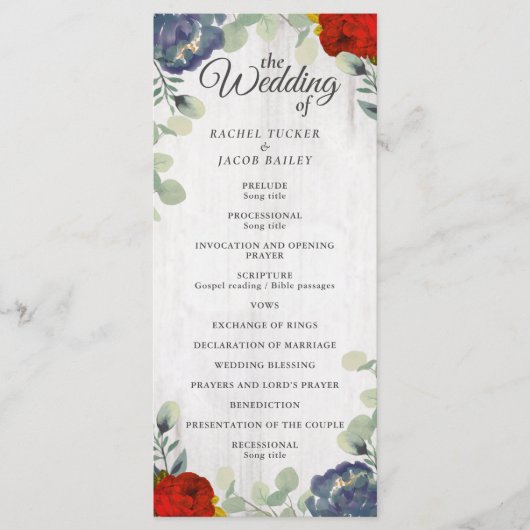Rustiek groen Rood Blauw Bloemen Trouwprogramma Programmakaart (Voorkant)
