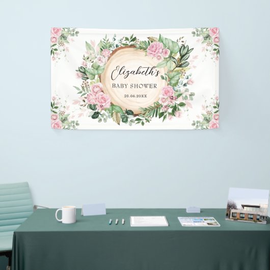 Rustiek groen stoffig roze bloemig Baby shower Spandoek (Beurs)