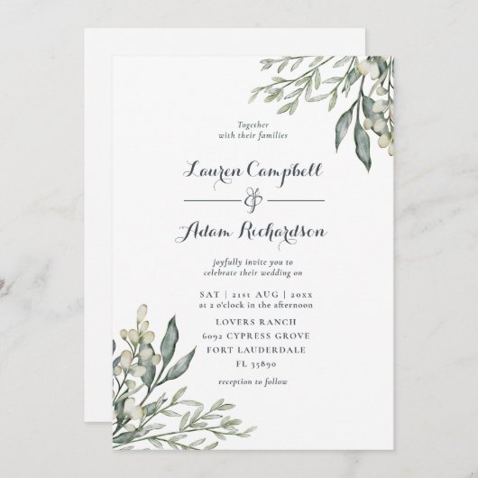 Rustiek groen Waterverf bruiloft All-in-one Kaart (Voorkant / Achterkant)