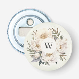 Rustiek groen wit bloemenmonogram bruiloft button flesopener