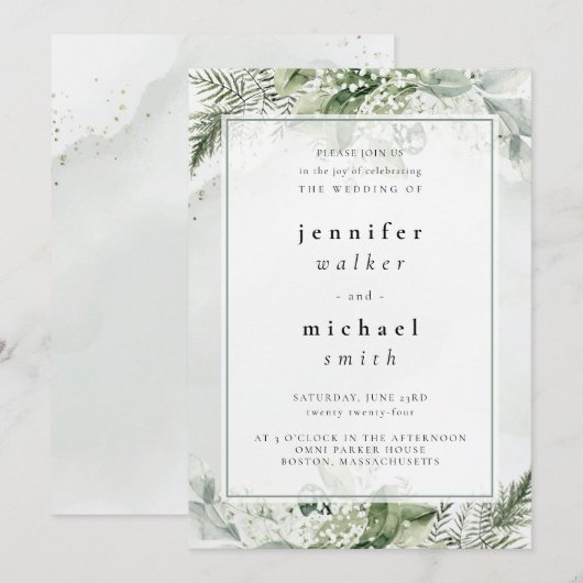 Rustiek groen, wit & groen loof bruiloft kaart (Voorkant / Achterkant)