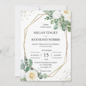 Rustiek groen & witte rozen geometrisch goud Invit Kaart (Voorkant)